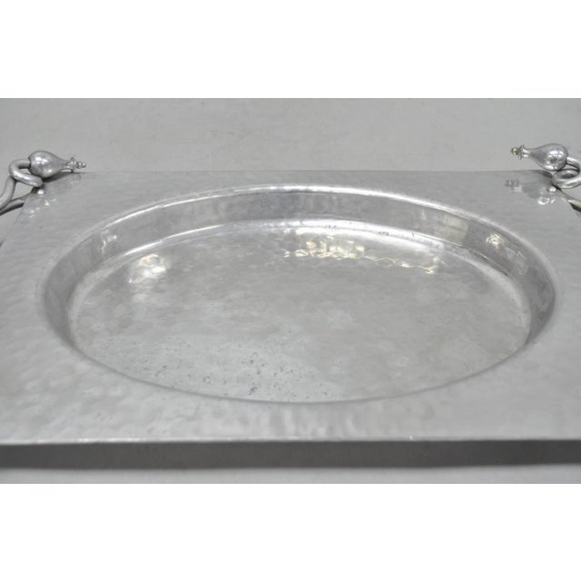 Vintage Buenilum Art Nouveau Hand Hammered Aluminum Serving Tray W Tulip Handles For Sale In Philadelphia - Image 6 of 14
