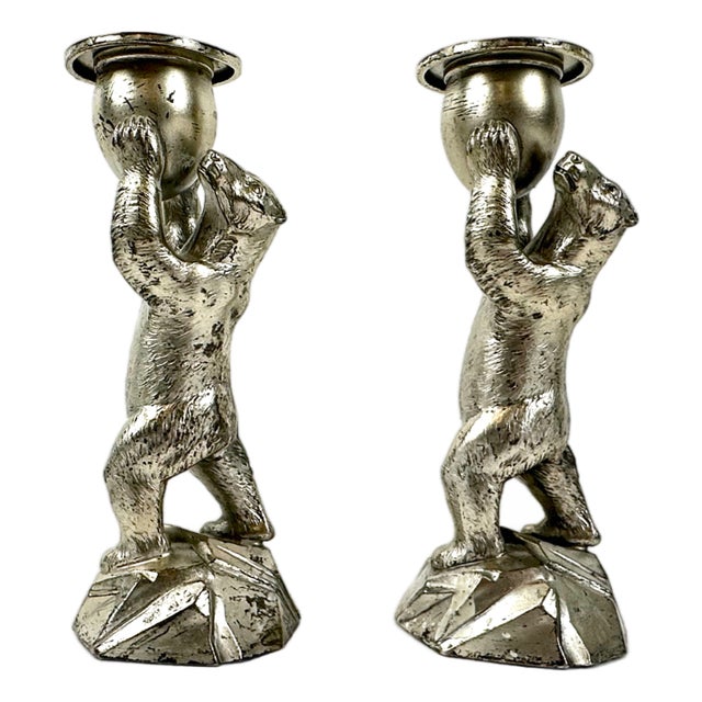 Antique Silver-Plated Standing Bear Candleholders from WMF, 1907, Set of 2 For Sale