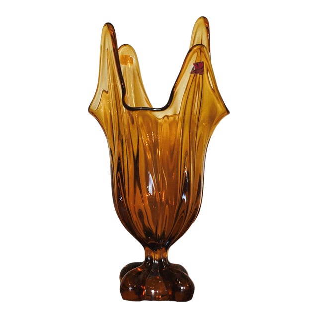 Viking Glass Epic Amber Drape Swung Glass Vase Art 1960s For Sale