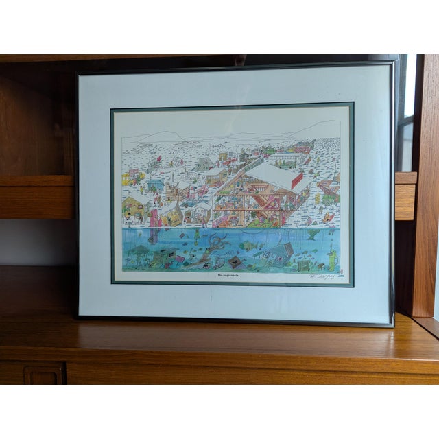 1987 Pencil Signed Bruce Johnson Whimsical Ice Fishing Print "The Augernauts" Framed For Sale - Image 9 of 9