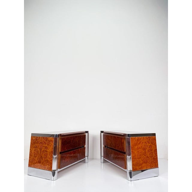 Mid-Century Burl Wood, Chrome and Acrylic Glass Nightstands, 1970s, Set of 2 For Sale - Image 18 of 18