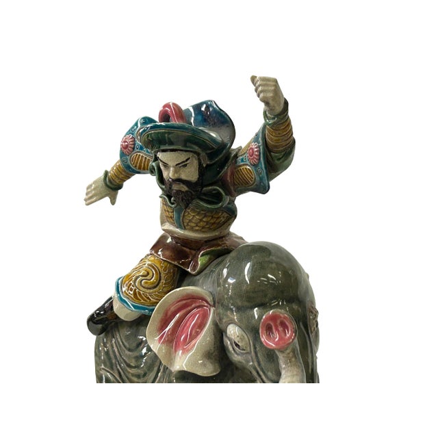 Gray Chinese Vintage Color Ceramic Warrior Riding Elephant Figure Display Art For Sale - Image 8 of 8
