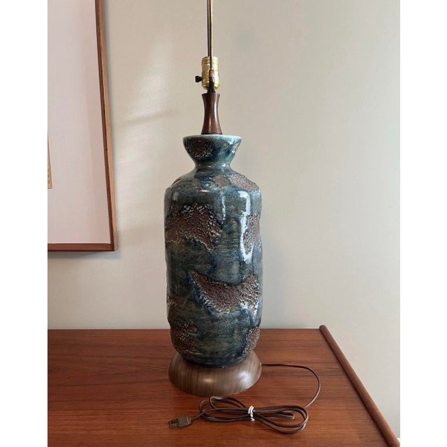 Vintage Mid Century Modern Brutalist 1960s Blue Ceramic Lava Glaze Table Lamp Excellent condition. No chips, cracks, or...