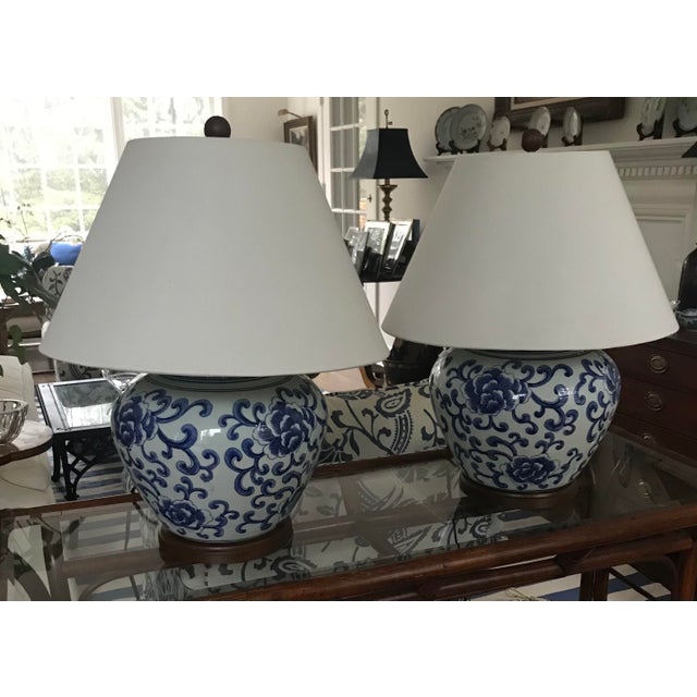 Ralph Lauren Blue White Porcelain Asian Style Table Lamps W/ Shades a Pair Chairish