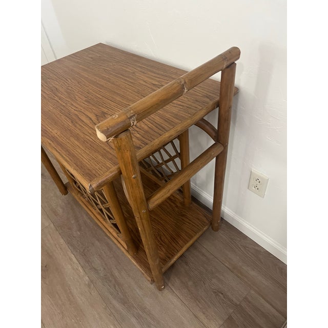 1970s McGuire Style Vintage 1970s Hollywood Regency-Style Faux Bamboo and Rattan Rolling Bar Cart For Sale - Image 5 of 12