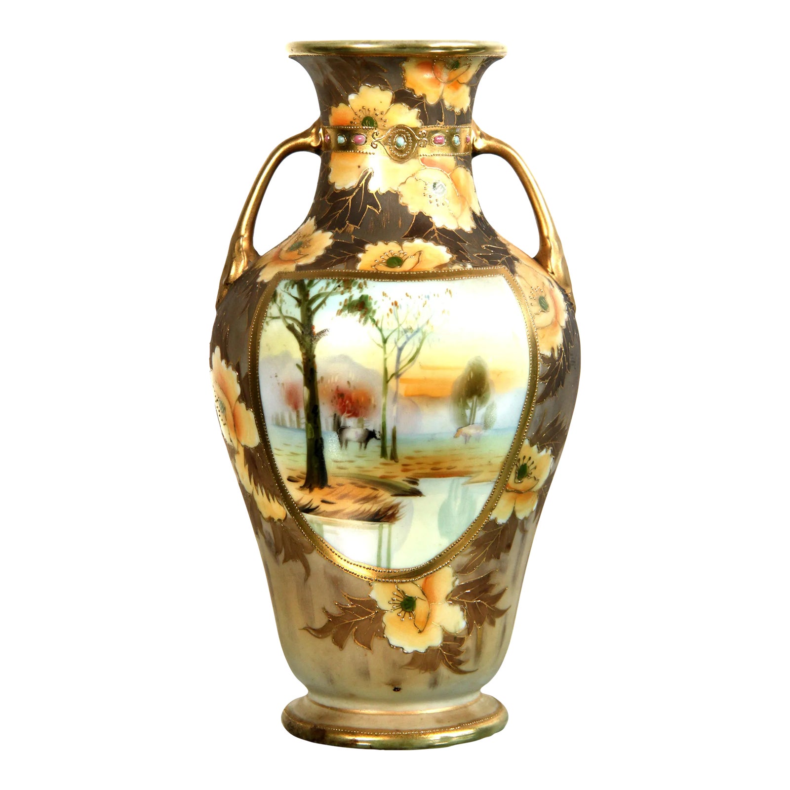 Antique 1920's Japanese Nippon Moriage Vase With Farm Scene