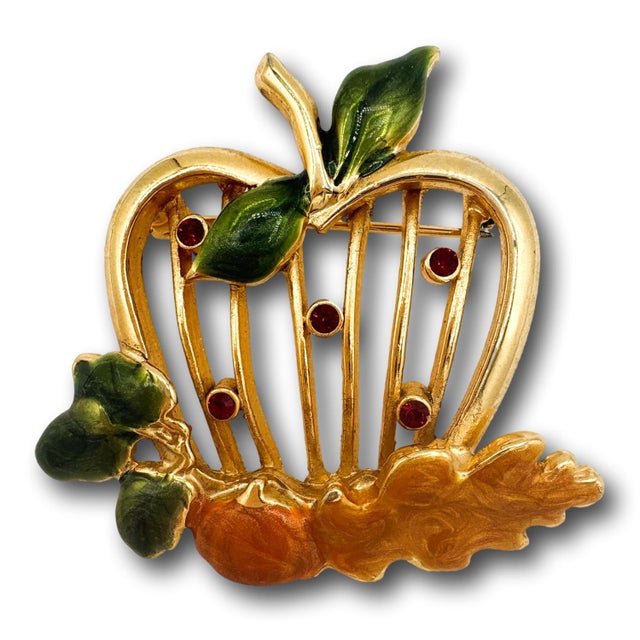 Late 20th Century Vintage Enamel Apple Acorn and Oak Leaf Rhinestone Brooch For Sale - Image 5 of 9