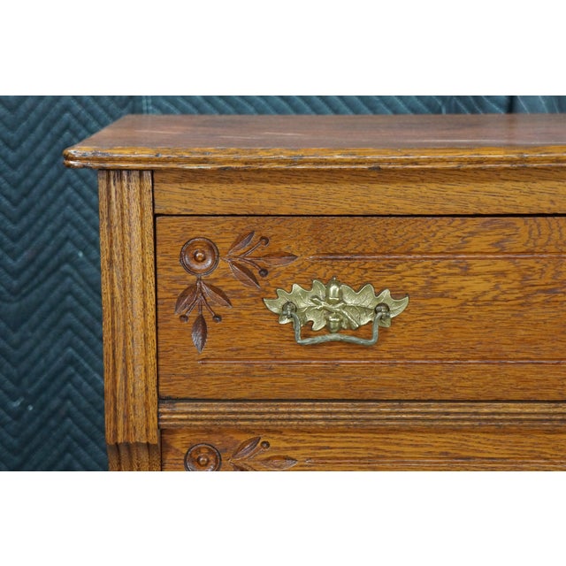 Antique Victorian Eastlake Oak Three Drawer Carved Dresser Chest Casters 43" For Sale - Image 4 of 18