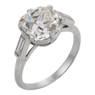 1930s Art Deco Gia 3.32 Carat Old Mine Cut Diamond Platinum Engagement, Size 5.75 For Sale