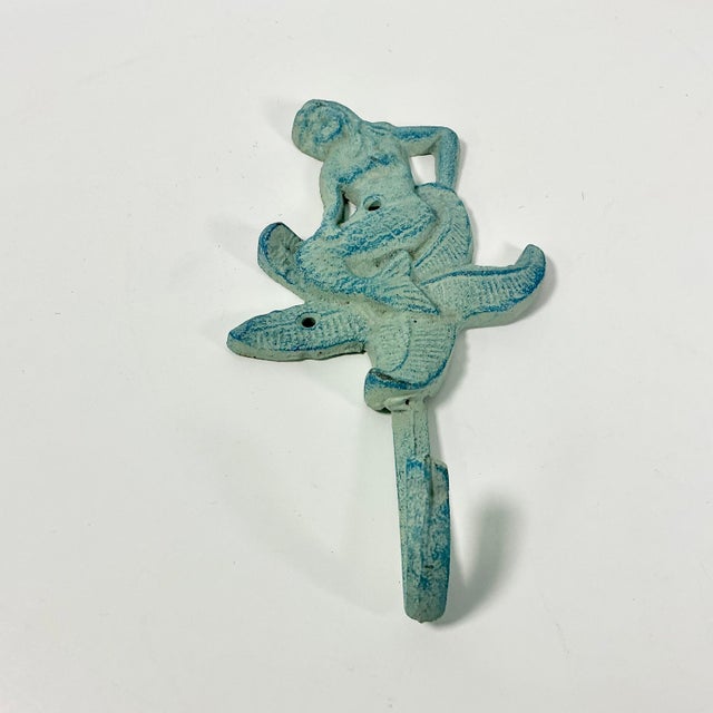 1970s Vintage Coastal Nautical Cast Iron Verdigris Mermaid Wall Hook. For Sale - Image 4 of 9