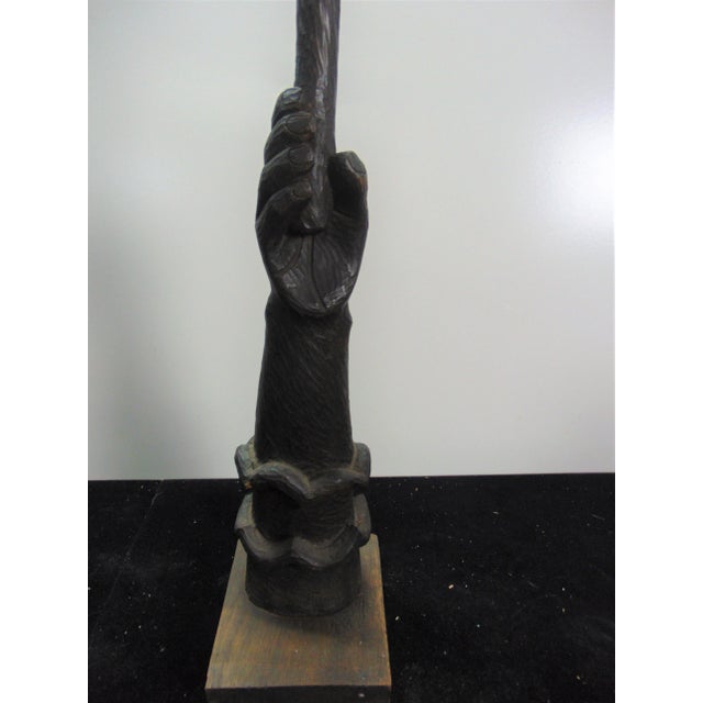 Mid century Folk Art Candlestick, sculptural carved wood hand holding up 2 light candle holder
