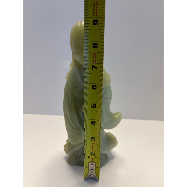 Gemstone Vintage Green Jade-Style Guanyin Stone Sculpture – Asian Serpentine Carving, 8.5” Figurine Mid Century Buddhism Spiritual Meditation For Sale - Image 7 of 10
