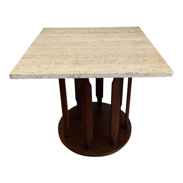Mid Century Modern Walnut and Travertine Square Table Made by Marden For Sale