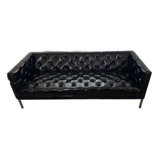 Custom Edelman Black Patent Leather Tufted Tuxedo Sofa For Sale