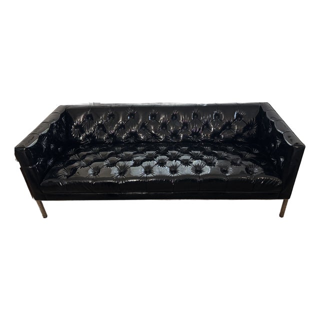 Custom Edelman Black Patent Leather Tufted Tuxedo Sofa For Sale