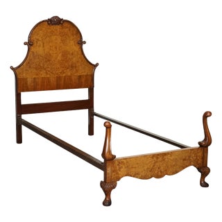 Art Deco English Burr Walnut Vono Bedstead Frame with Queen Anne Legs, 1930s For Sale