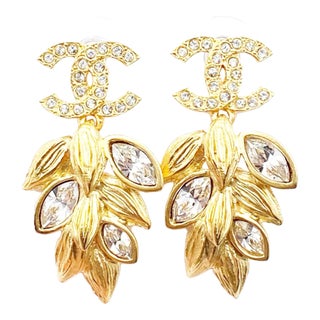 Chanel Brand New Gold CC Crystal Olive Leaf Dangle Piercing Earrings - 2 Pieces For Sale