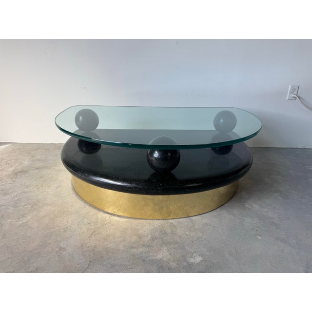 1980’s Postmodern Tessellated Stone and Brass Half-Moon Coffee Table With Glass Top/ Sold For Sale - Image 10 of 12
