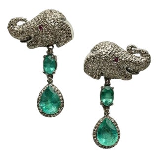 Pair of Elephant Motif Emerald and Diamond Dangle Earrings For Sale