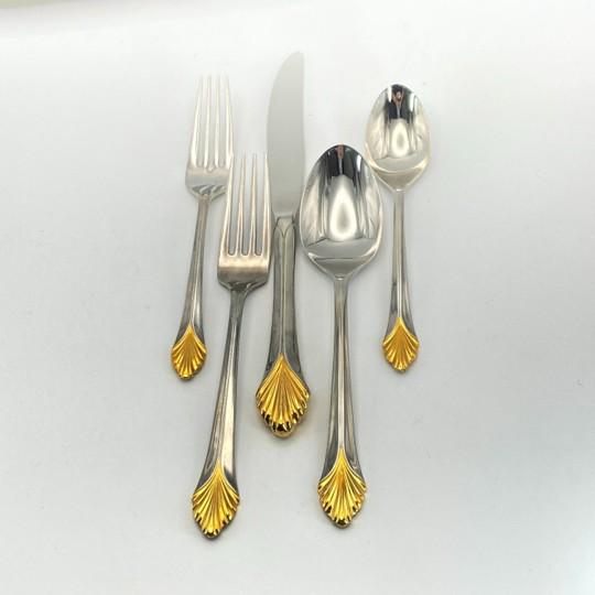 Contemporary Yamazaki "Monique Gold" Gold Accent Stainless Flatware Set - 61 Pieces (Service for 12 With Storage Case) Vintage 1980's/1990's For Sale - Image 3 of 18