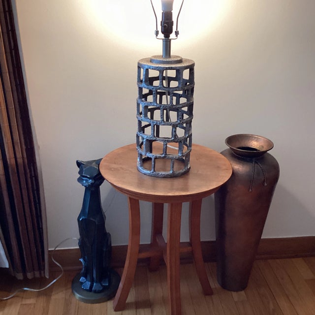 Metal 20th Century Modern Brutalist Style Cylinder Shape Iron Lamp Geometric Pattern For Sale - Image 7 of 12