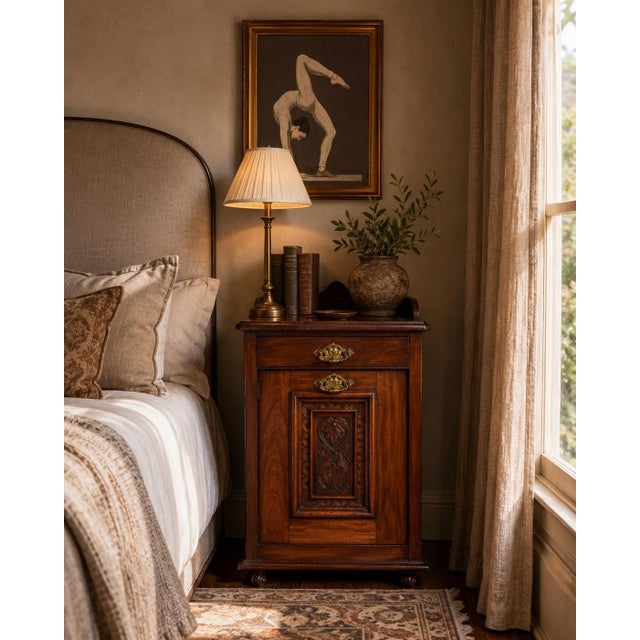 Beautiful antique Edwardian carved wood cabinet, likely originally designed as a purdonium or coal cabinet. Features a...