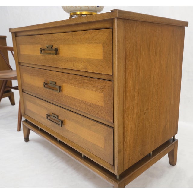 Pair Three Drawers Light Walnut Banded Drawers Drop Pulls Bachelor Chests MINT! For Sale - Image 10 of 13