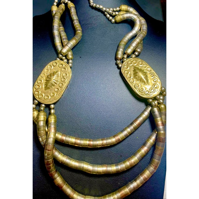 Indian Mid 20th Century Tribal Talismanic Necklace With Hollow Body Brass Hirz Pendants and Mixed Metal Beads From Kashmir, Northern India For Sale - Image 3 of 6