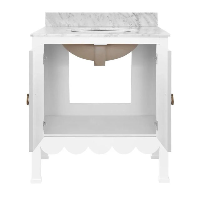 Contemporary Matthew Izzo Home Kealey Matte White Lacquer, Two Door, Single Sink Bathroom Vanity - Carrara Marble Top, Porcelain Sink, Brass Hardware For Sale - Image 3 of 5