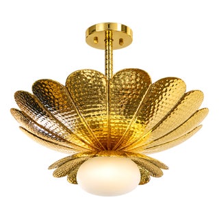 Handmade Brass Flower Chandelier, Hammered Lotus Ceiling Light, Antique Brass Floral Pendant, Art Deco Luxury Ceiling Fixture 28 Inches For Sale