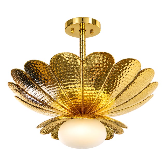 Handmade Brass Flower Chandelier, Hammered Lotus Ceiling Light, Antique Brass Floral Pendant, Art Deco Luxury Ceiling Fixture 28 Inches For Sale