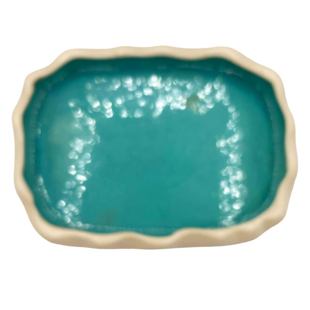 Mid-century low edged aqua colored pond themed pottery candy dish Featuring a dual-toned crackle glaze finish. The...