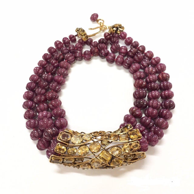Ruby Red Early 20th Century Iradj Moini Necklace Ruby Carved Melon Citrine Topaz Pendant Collar Collier Choker Statement Gold Plated For Sale - Image 8 of 8