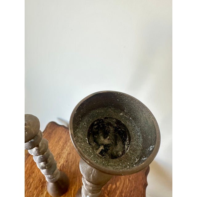Large Vintage Brutalist Hand Forged Brass Candlesticks, 1960s, Set of 2 For Sale - Image 14 of 17