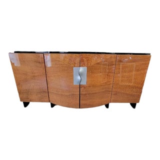 1930s Vintage French Art Deco Lacquered Burlwood 4 Door Panel With Black Lacquer Frame Sideboard For Sale