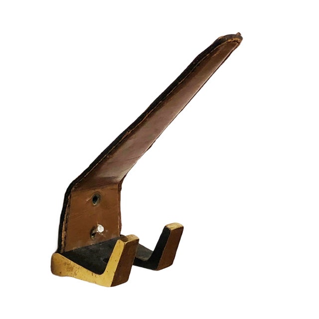 Brass & Leather Wall Hook, 1950s For Sale