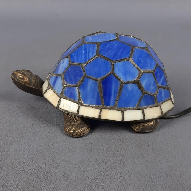 1970s Vintage Turtle Table Lamp in Blue Leaded Glass and Brass, 1970s For Sale - Image 5 of 12