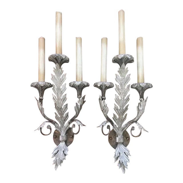 Mid 20th Century Fine Art Silver 3-Light Wall Sconces - a Pair For Sale