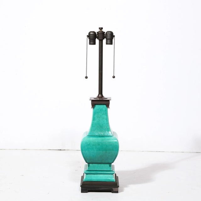 Metal Mid-Century Modernist Ceramic Turquoise Jade Table Lamps W/ Bronze Fittings For Sale - Image 7 of 11
