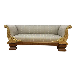 Antique Biedermeier Carved Flanking Gold Gilded Goose Scrolled Arm Parlor Sofa