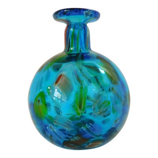 Small Vintage 1970s Italian Blue Bulbous Art Glass Flower Bud Vase For Sale