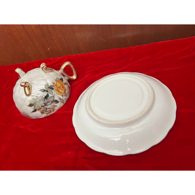 Vintage Iridescent Lusterware 3 Footed Floral Teacup & Saucer For Sale - Image 9 of 11