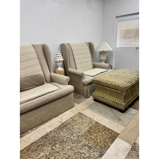 Coastal Pair of Gregorius Pineo High Back Loveseats in Oatmeal Linen For Sale - Image 3 of 11