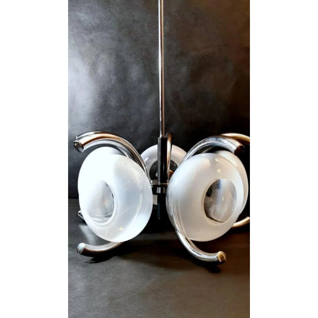Goffredo Reggiani Style Italian Opaline Glass and Steel Chandelier For Sale - Image 6 of 13