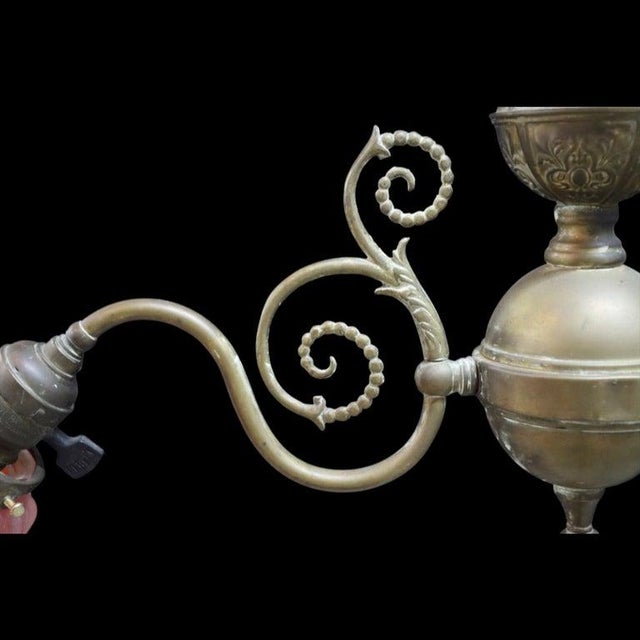 Art Nouveau Brass 2 Arm Chandelier With Fluted Dark Amber Glass Shades C1910 For Sale - Image 4 of 8