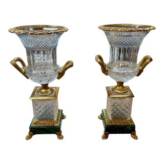 Pair of French Crystal and Bronze Vases on Malachite Bases For Sale