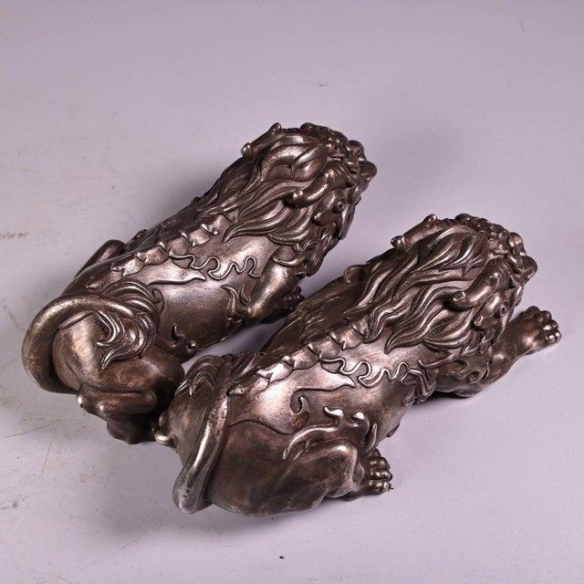 Pair of Antique Silver-Plated Guardian Lion Figurines, 2000g Total, High Relief For Sale - Image 4 of 10