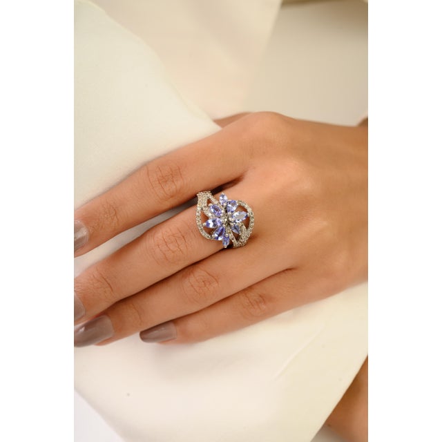 925 Silver Marquise Cut Tanzanite Flower Cocktail Ring With Diamond - Size 6.5 For Sale - Image 6 of 10