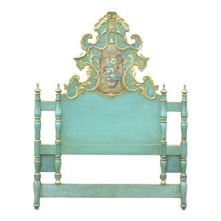 Italian Rococo Green Gold Gilt Wood Hand Painted Floral Full Queen Bed Headboard For Sale