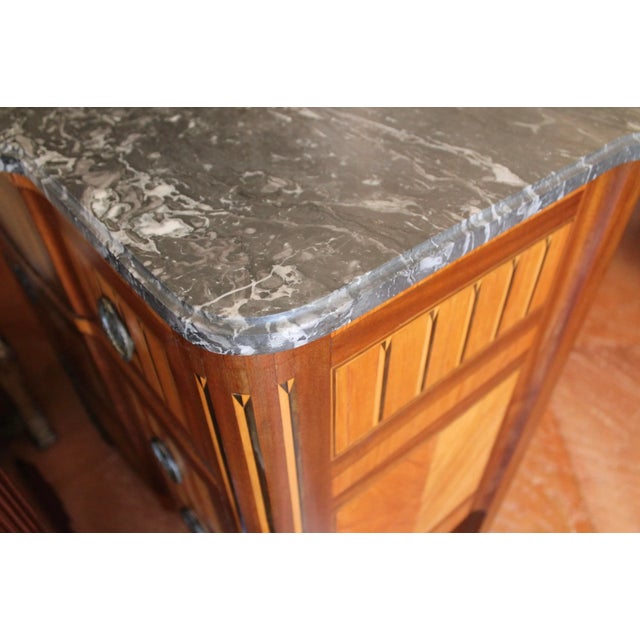 French Transitional Marquetry Commode With Dark Grey Brèche Sainte-Anne Marble Top For Sale - Image 10 of 12